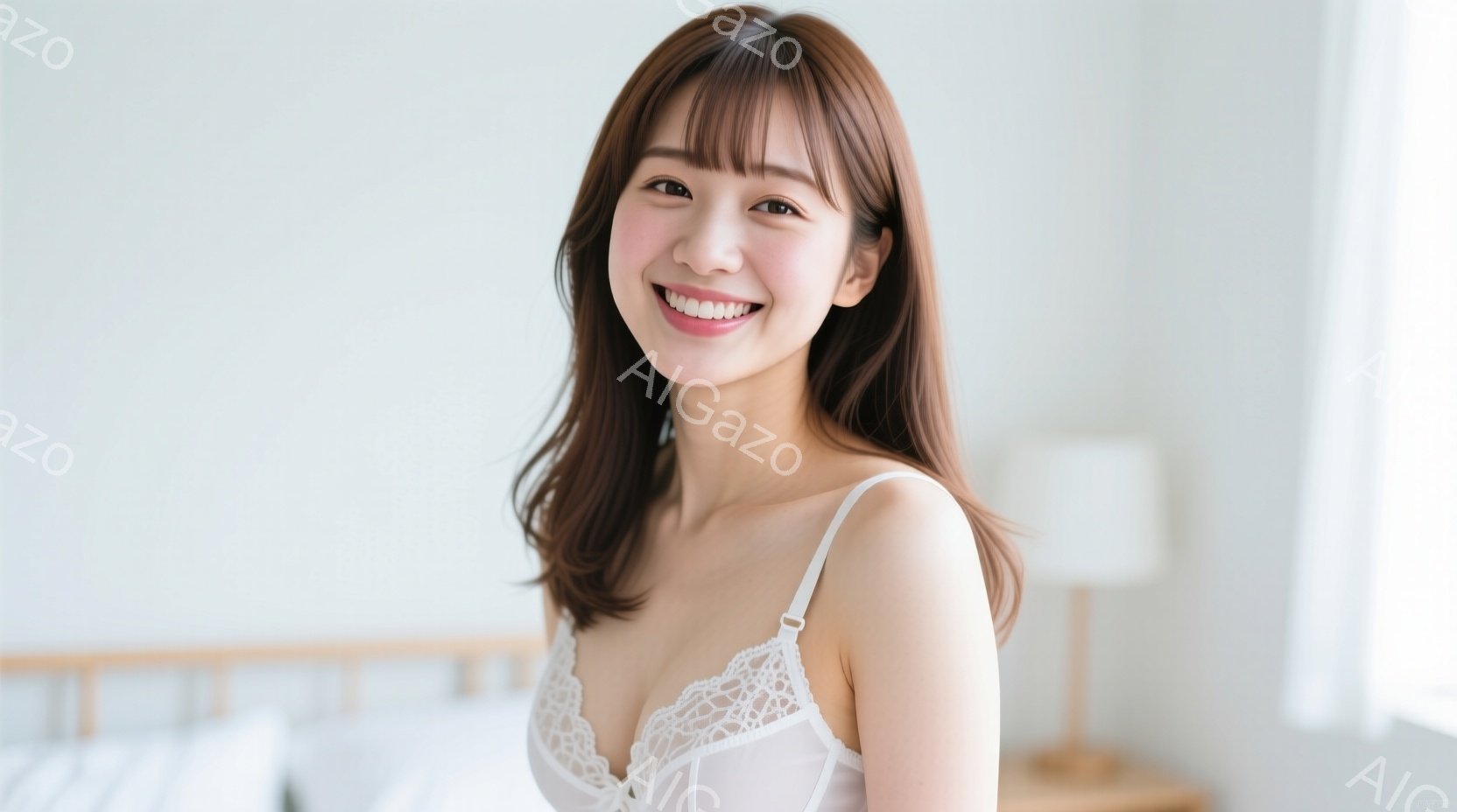 長い茶色の髪をセンターパートにした女性が、白いレースのブラレットを着用して微笑んでいます。彼女はリラックスした姿勢で、ベッドの背景にある部屋に立っています。明るい室内光が彼女の顔を照らし、全体的に温か - AI生成フリー素材