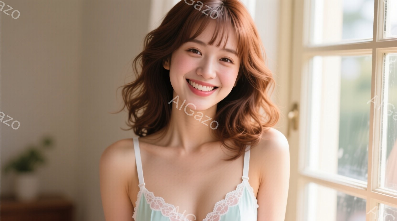 明るい茶髪の女性が、レースのトリミングが施された薄緑色のキャミソールを着て微笑んでいます。彼女は少し前かがみになり、両肩を露出させています。背景には白い窓枠と緑の植物が見え、全体的に柔らかく温かい雰囲 - AI生成フリー素材