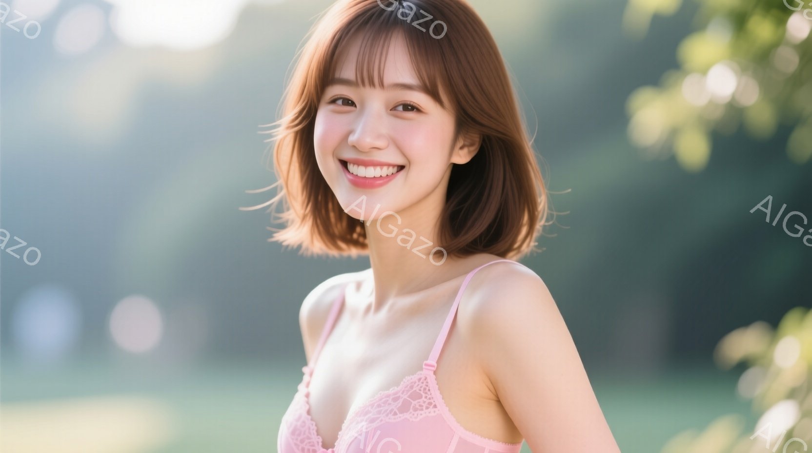 明るい茶髪のショートボブヘアの女性が、ピンク色のレースのブラレットを着て微笑んでいます。彼女はわずかに体をひねらせてカメラを見つめ、リラックスした姿勢を見せています。背景は緑豊かな自然で、ぼやけた光の - AI生成フリー素材