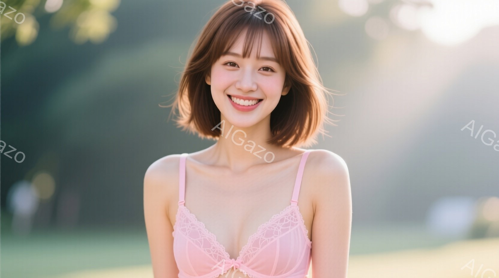 明るい屋外で、ピンク色のレースのブラレットを着た若い女性が写っています。彼女は肩を出し、微笑んでおり、茶色のストレートヘアは肩にかかっています。背景は緑豊かな自然で、柔らかい光が全体を照らし、温かく穏 - AI生成フリー素材