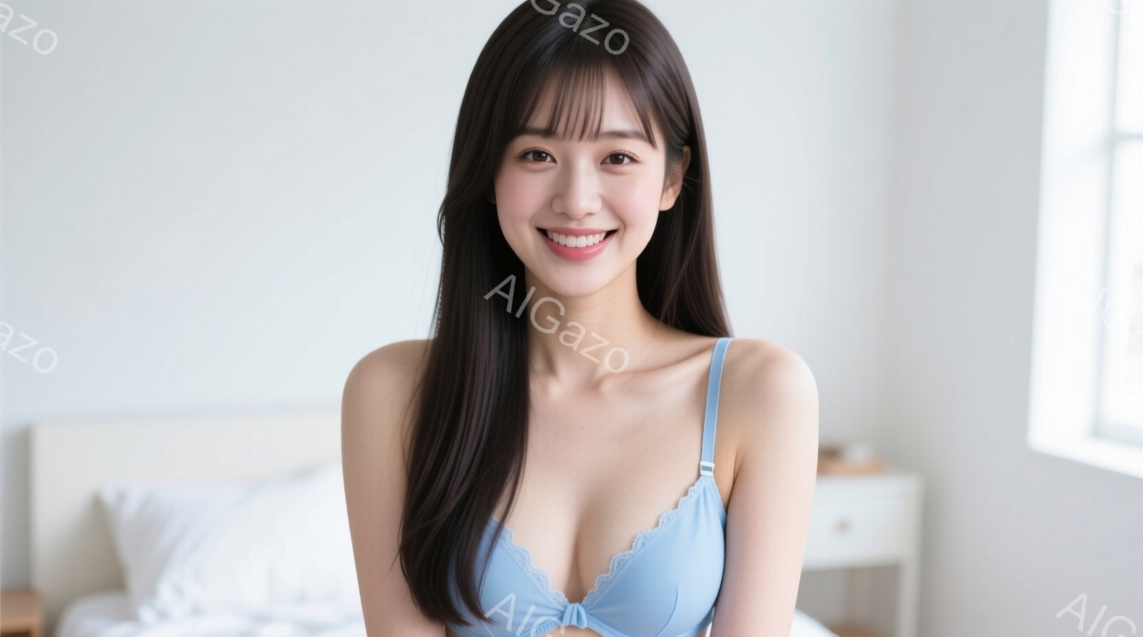 長い黒髪の女性が、明るいブルーのブラレットを着て正面を見つめています。彼女は微笑んでおり、リラックスした姿勢でベッドに座っています。背景には白いベッドとサイドテーブルがあり、明るい自然光が差し込んでお - AI生成フリー素材