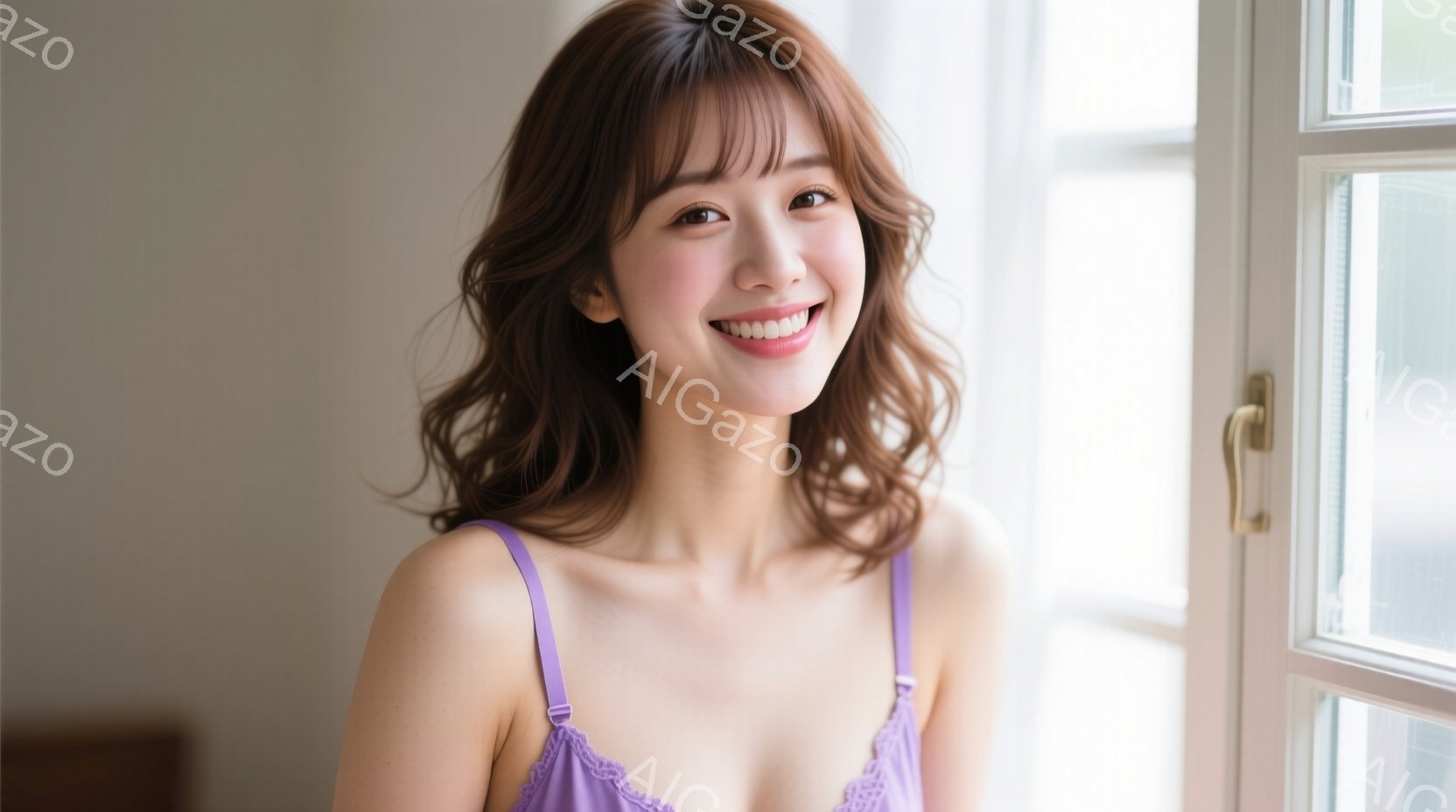 明るい室内で、茶色のゆるふわヘアの女性が微笑んでいます。淡い紫色のキャミソールを着ており、リラックスした自然なポーズで、優しい雰囲気です。背景には窓枠が見え、自然光が差し込んでおり、全体的に穏やかで温かい印象を与えます。