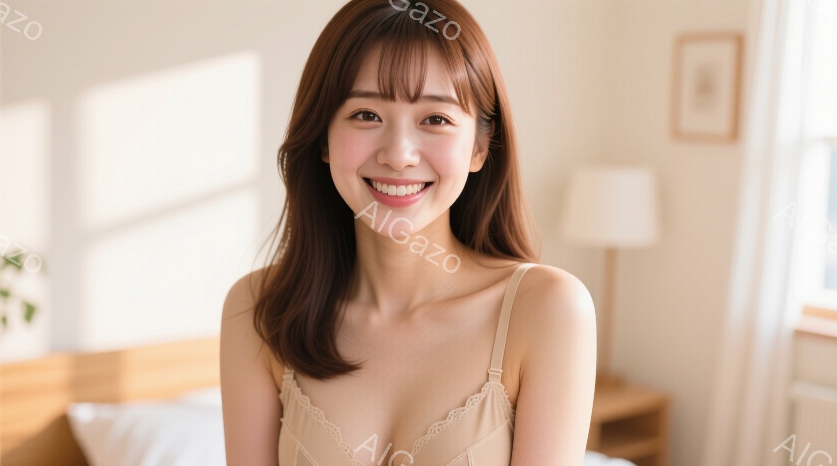 明るい室内で、女性が微笑んでいます。彼女は肩出しのベージュ色のキャミソールを着ており、ブラウン系のゆるふわヘアスタイルです。背景にはベッドやナイトテーブルが見え、暖かく穏やかな雰囲気が漂っています。 - AI生成フリー素材
