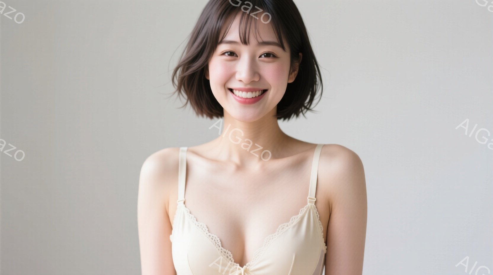 画像は、明るい背景を背景に、ベージュ色のキャミソールを着た若い女性を正面から捉えています。彼女は短く、ふんわりとしたヘアスタイルで、笑顔を浮かべており、リラックスした姿勢でカメラを見つめています。 全 - AI生成フリー素材