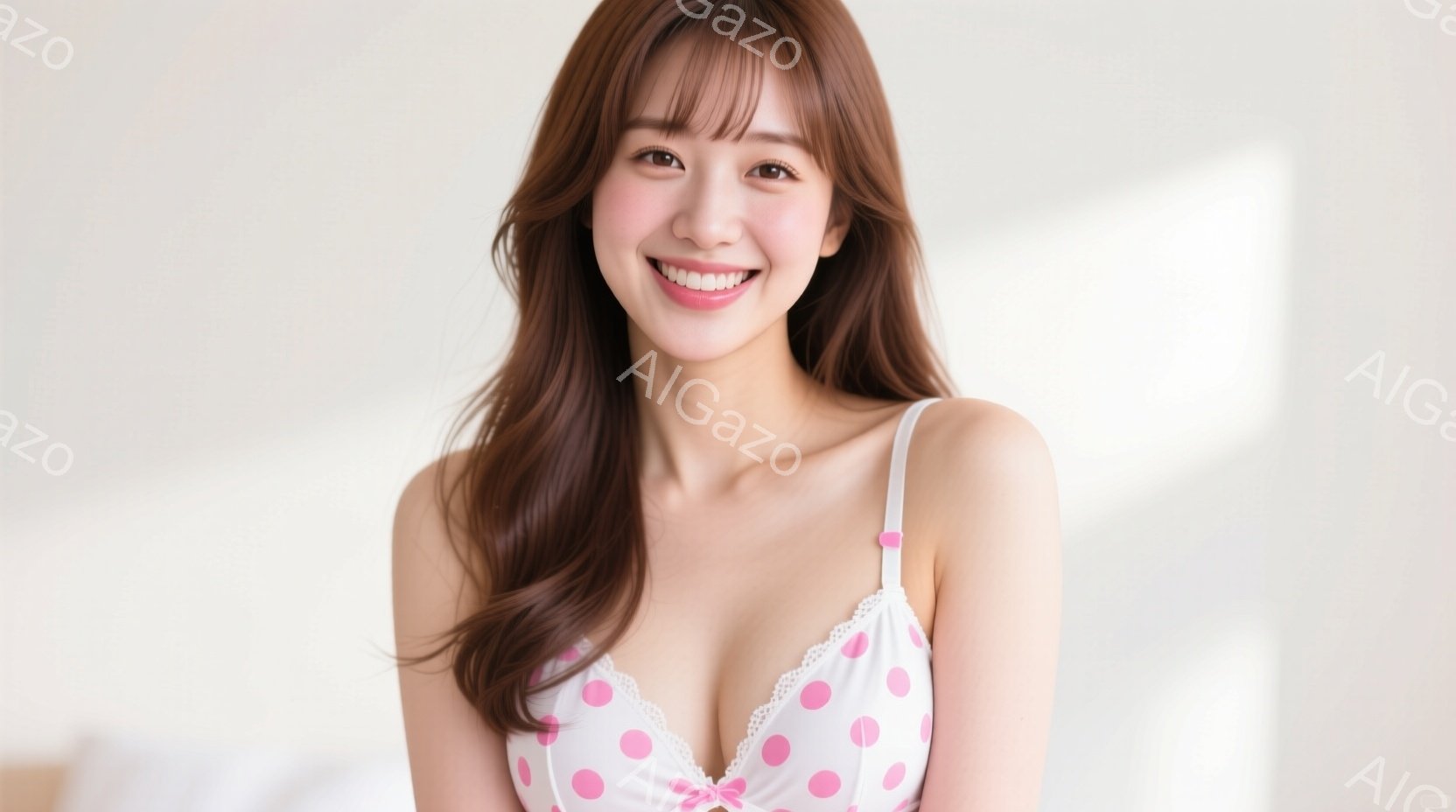 明るい室内で、ポルカドット柄のピンク色のキャミソールを着た若い女性が微笑んでいます。彼女は長い茶色の髪を肩にかけ、リラックスした姿勢でカメラに向かって少し傾いています。背景は白くシンプルで、女性が際立 - AI生成フリー素材