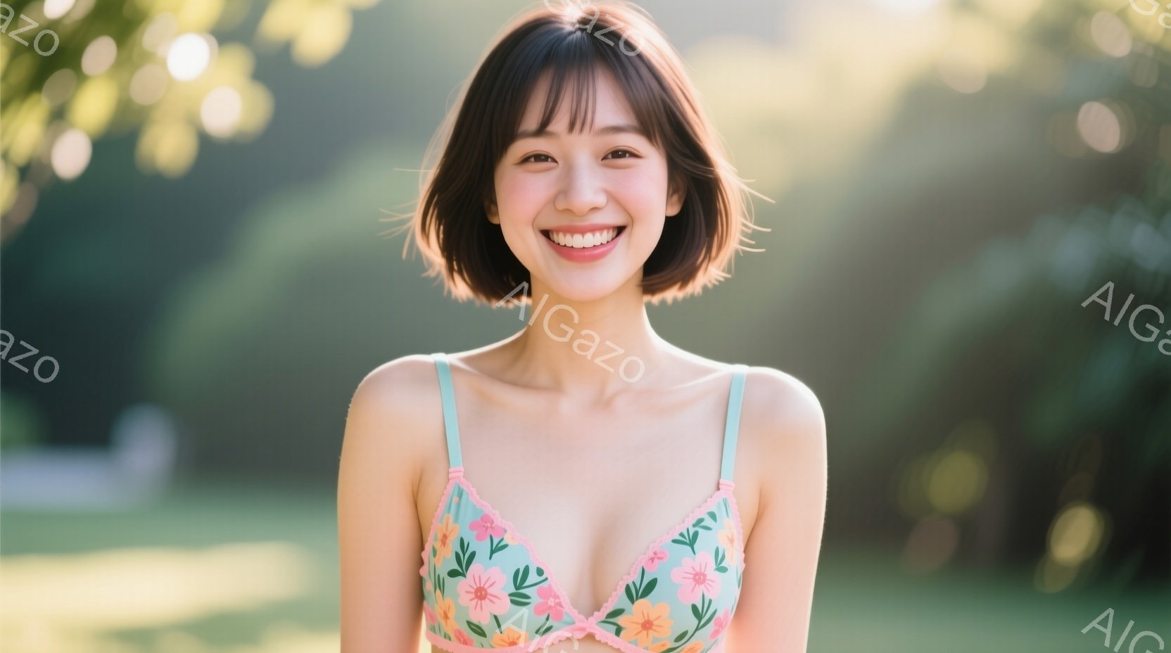 若い女性が、水色の地にオレンジとピンクの花柄のブラレットを着用し、カメラに向かって微笑んでいます。彼女は肩を出し、髪は短く、前髪が目に少しかかっています。背景は緑豊かな自然で、光が差し込み、明るく爽やかな雰囲気を醸し出しています。