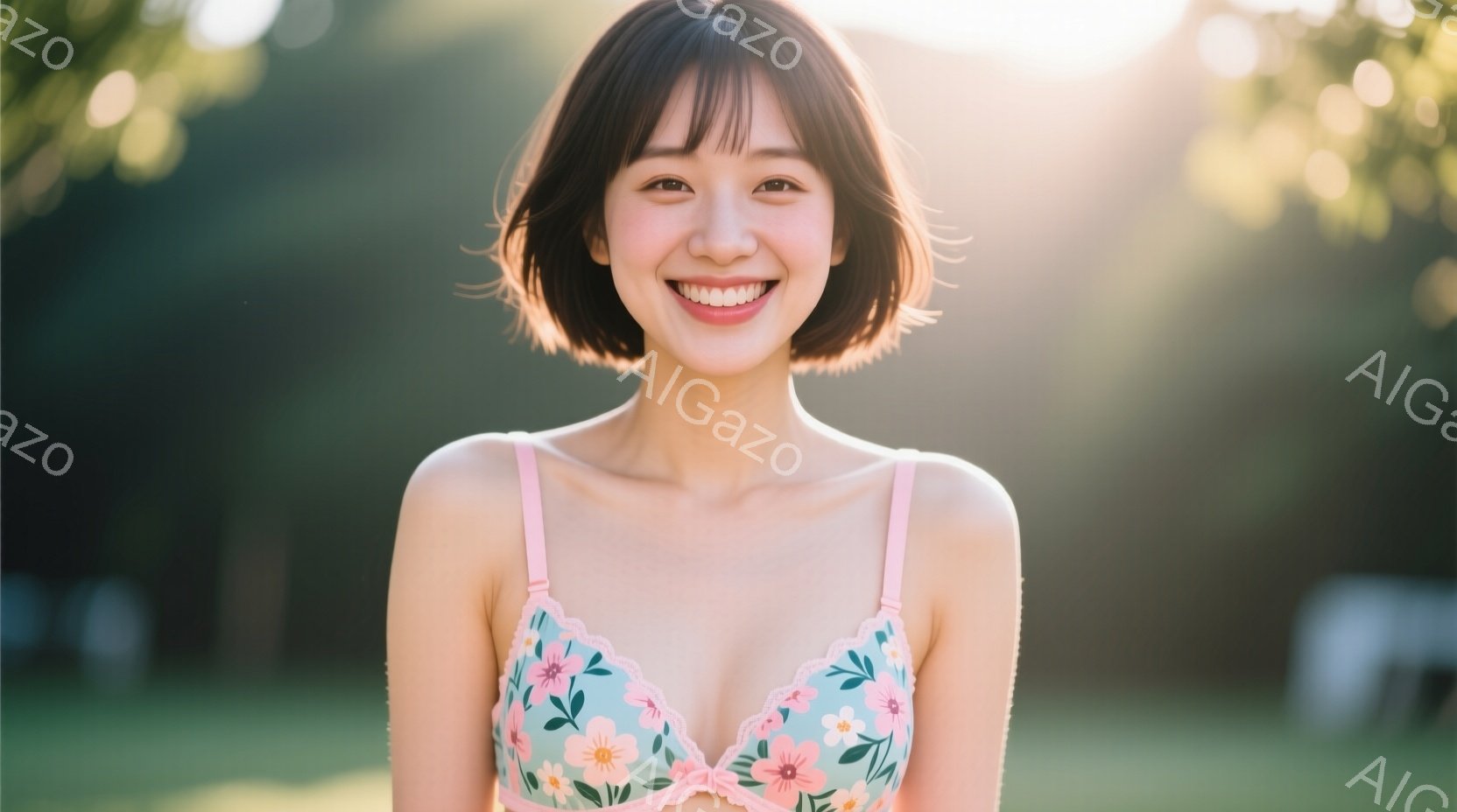 明るい光の中で、若い女性が微笑んでいます。彼女は花柄のブラレットと、おそらく薄手の白いシャツを着ており、短くストレートのヘアスタイルです。背景には緑豊かな自然が広がり、柔らかな光が彼女を包み込んで、リ - AI生成フリー素材
