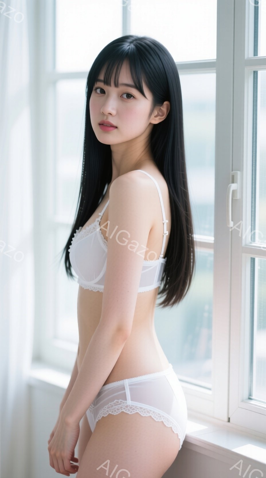 長い黒髪を肩まで伸ばした若い女性が、白いレースのブラとショーツを身につけて横を向いています。彼女は窓のそばに立ち、穏やかな表情でカメラを見ています。背景にはぼやけた都市の風景が見え、柔らかい自然光が彼 - AI生成フリー素材