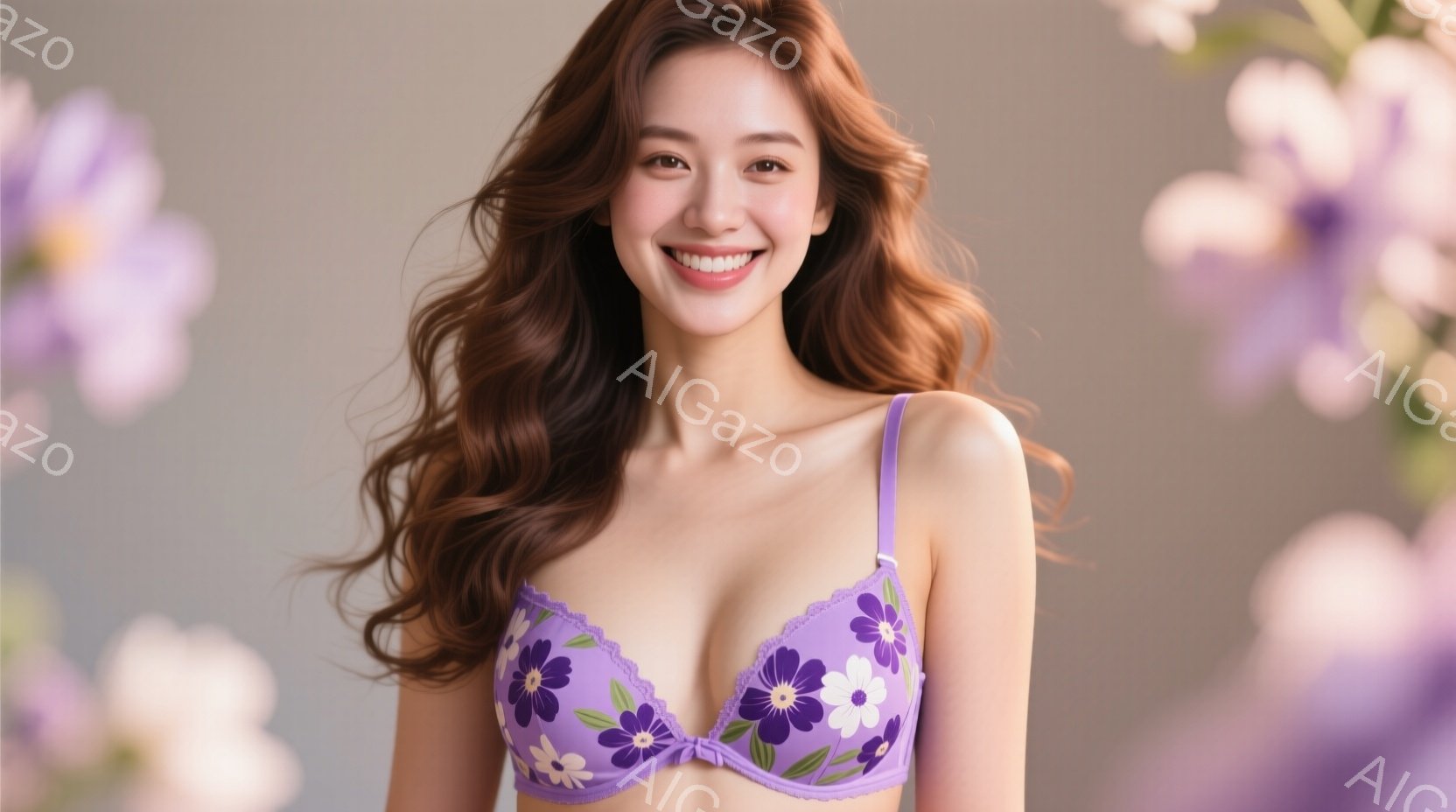 明るい紫色の花柄ブラレットを着た若い女性が写っています。彼女は長い茶色の巻き毛で、顔には笑顔が輝いています。背景はぼやけた紫色の花で、柔らかく、春らしい雰囲気を醸し出しています。 - AI生成フリー素材