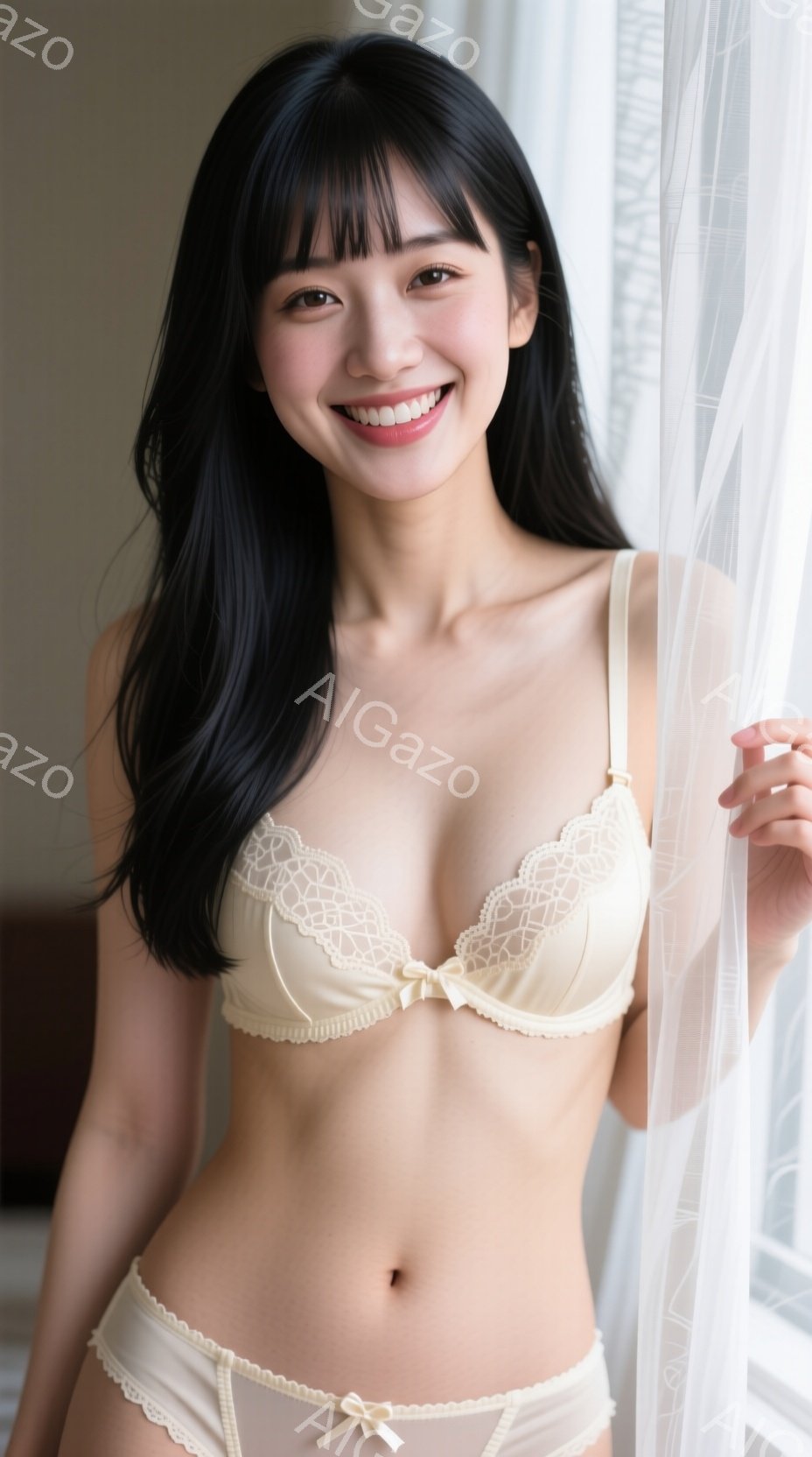 黒髪で前髪を下ろした女性が、クリーム色のランジェリーセットを着用して微笑んでいます。彼女は少し体を傾け、片手を軽く上げています。背景にはぼんやりとした窓と白っぽいカーテンが見え、柔らかく明るい雰囲気を - AI生成フリー素材