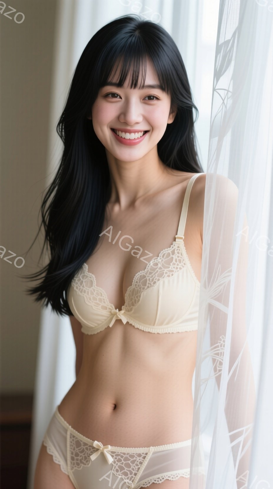 長い黒髪で、前髪が目にかかる女性が写っています。クリーム色のレースのブラとショーツを身につけ、微笑んでいます。背景は白いレースのカーテンで、柔らかく、穏やかな雰囲気が漂っています。 - AI生成フリー素材