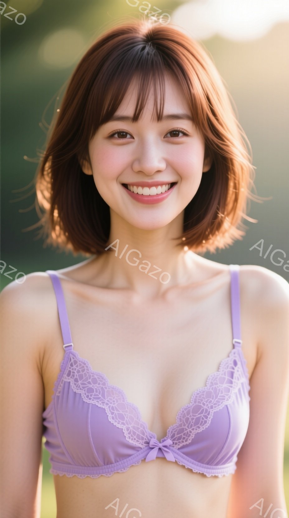 若い女性が紫色のレースのブラレットを身につけて微笑んでいます。彼女は肩までの長さの茶色の髪を持ち、顔は明るく、表情は穏やかで親しみやすいです。背景は緑豊かな自然で、日差しが柔らかく、全体的に暖かい雰囲 - AI生成フリー素材