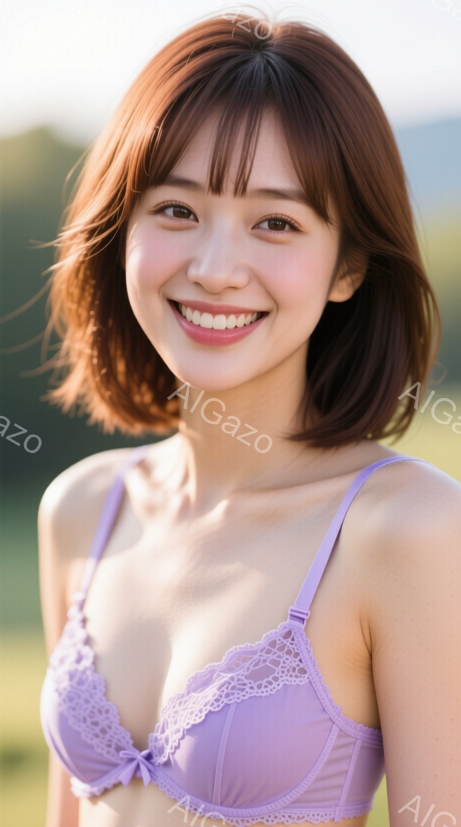 明るい茶色のショートヘアの女性が、薄紫色のレースのブラレットを身に着けて微笑んでいます。彼女は少し前かがみになり、自然光の中でリラックスした表情を浮かべています。背景には緑豊かな自然が広がり、晴れた日の穏やかな雰囲気を醸し出しています。