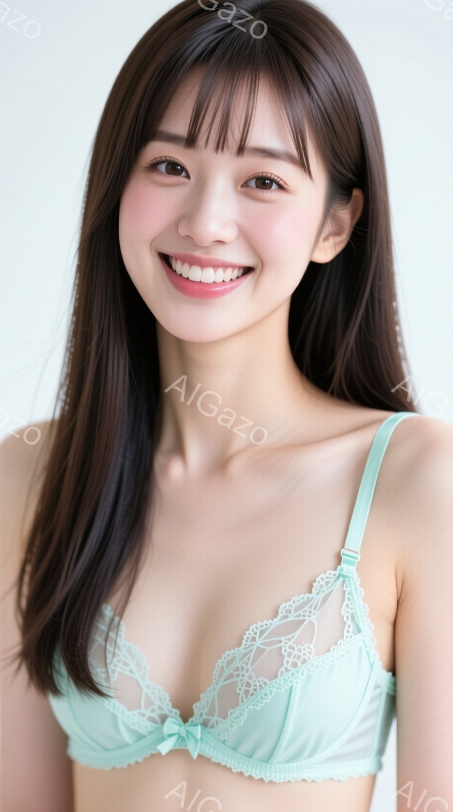 長い茶色の髪を肩にかける女性が写っています。彼女は薄い水色のレースのブラジャーを着ており、わずかに微笑んでいます。背景は白く、人物が際立っており、全体的に柔らかく、明るい雰囲気を醸し出しています。 - AI生成フリー素材