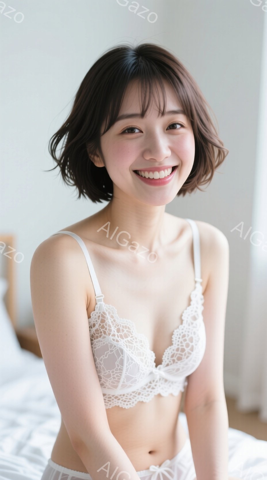 この女性は白いレースのブラジャーとショーツを身に着け、ベッドに座って微笑んでいます。彼女の髪は肩までの長さで、軽くカールがかかっています。背景は白を基調としたシンプルな部屋で、全体的に柔らかく、リラッ - AI生成フリー素材