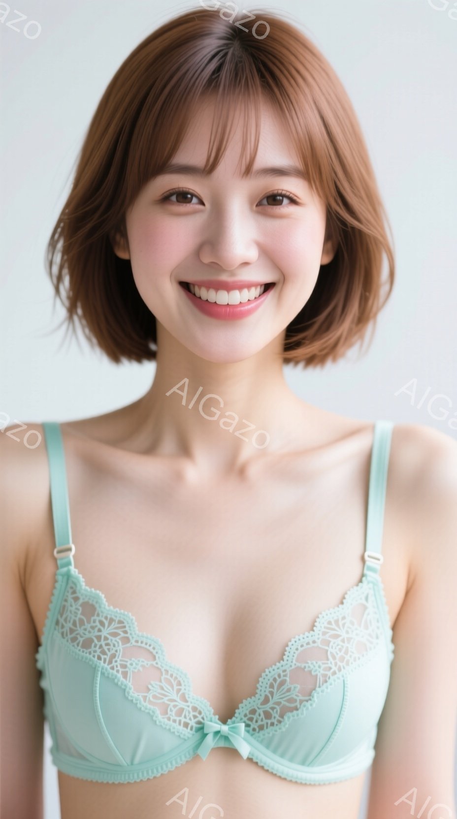 明るい背景を背景に、女性がターコイズブルーのレースのブラジャーを着用し、微笑んでいます。彼女は肩まで届く茶色の髪を持ち、前髪が目にかかっています。 全体的に、この画像は明るく、健康的で、自然な雰囲気を - AI生成フリー素材