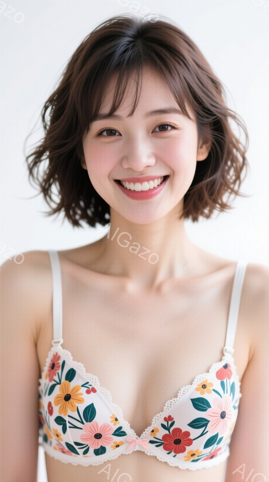 明るい背景を背景に、花柄のブラレットを着た若い女性が写っています。彼女は短い茶色のカールヘアで、顔には笑顔が浮かんでいます。彼女はカメラに向かって少し上目遣いで、リラックスした姿勢で立っています。