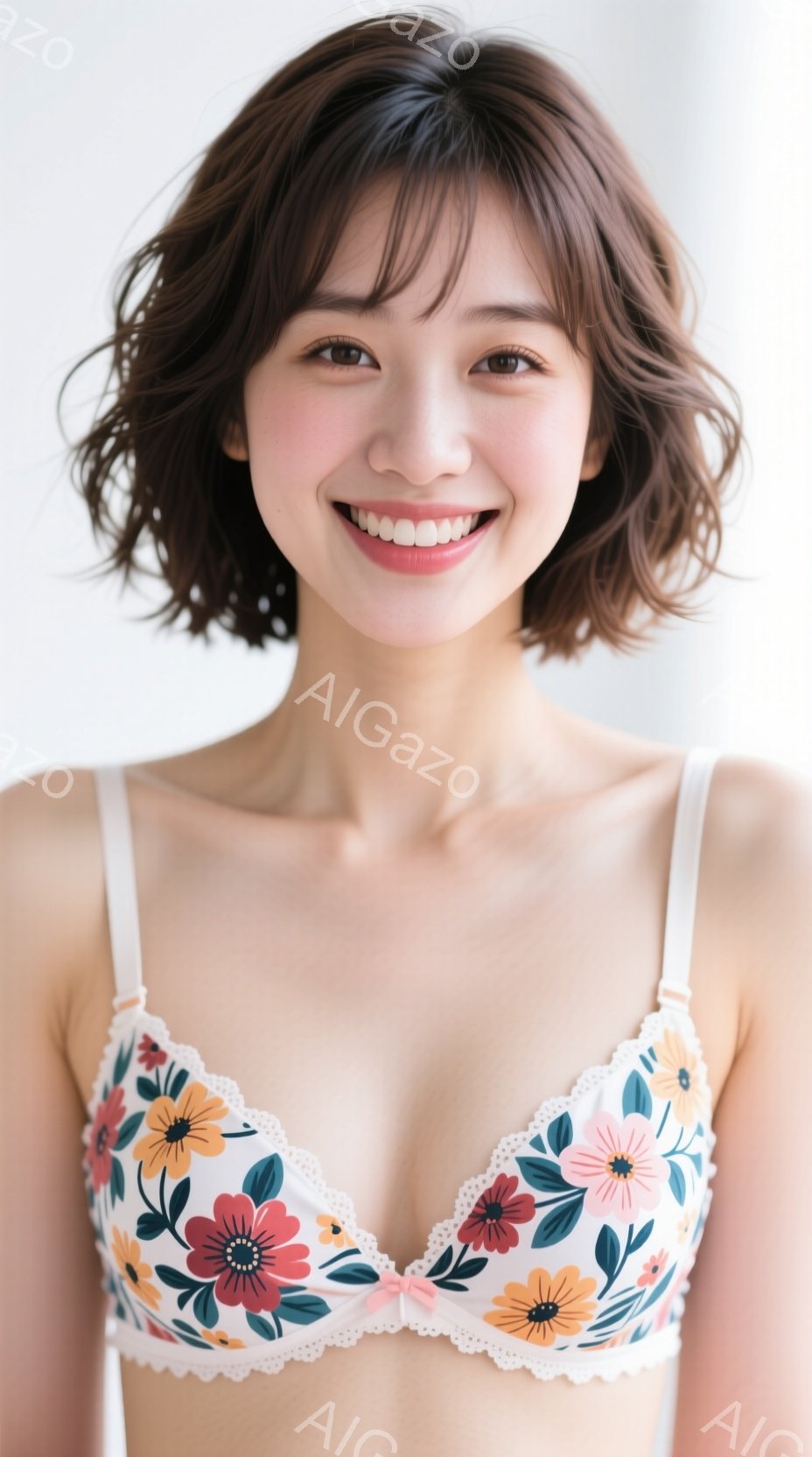 明るい背景を背景に、花柄のブラレットを身につけた若い女性が写っています。彼女は肩までの長さのウェーブのかかった髪を持ち、微笑みを浮かべてカメラを見ています。全体的に明るく、リラックスした雰囲気のポート - AI生成フリー素材