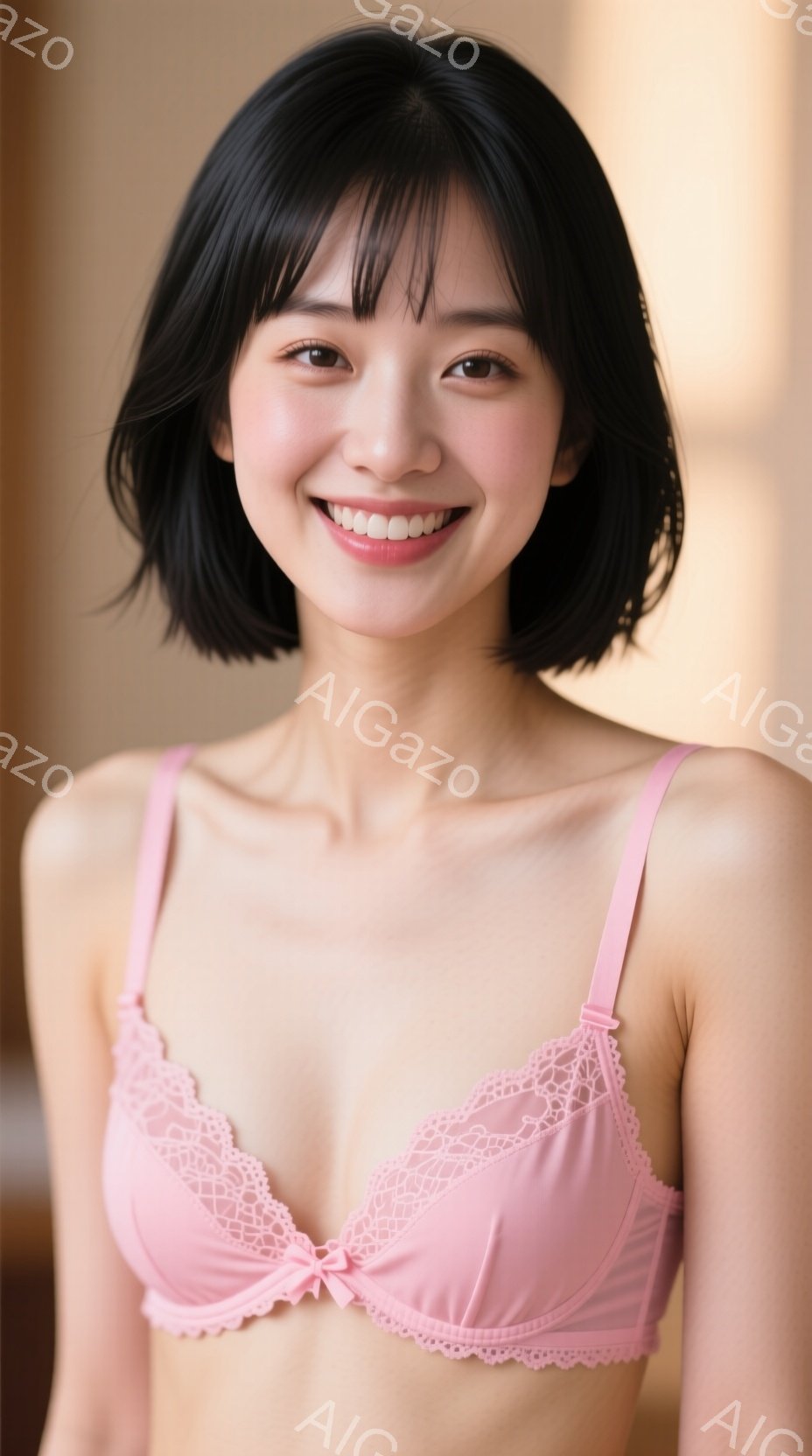 画像は、ピンク色のレースのブラジャーを着た若い女性が写っています。彼女は黒髪のショートボブで、笑顔でカメラを見ています。背景はぼかれていますが、暖色系の室内であることがわかります。 - AI生成フリー素材