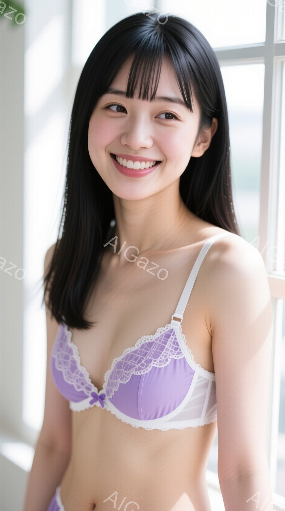 長い黒髪で、前髪は眉毛にかかるくらいに切り揃えられています。淡い紫色のレース付きブラジャーを着ており、少し微笑んでカメラを見つめています。背景は白い窓枠が見える室内で、明るく清潔感のある雰囲気が漂って - AI生成フリー素材