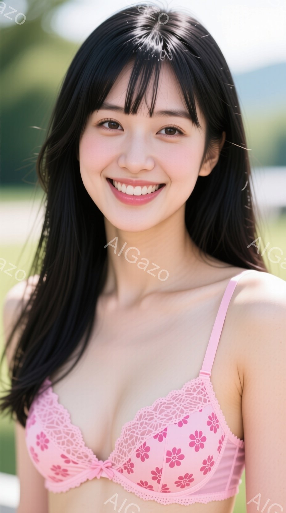 長い黒髪の女性が、ピンク色の花柄のレースブラジャーを着て笑顔で正面を見ている。彼女は少し首を傾げ、自然なポーズで立っている。背景には緑の草木が見え、屋外で撮影された暖かい雰囲気の写真である。