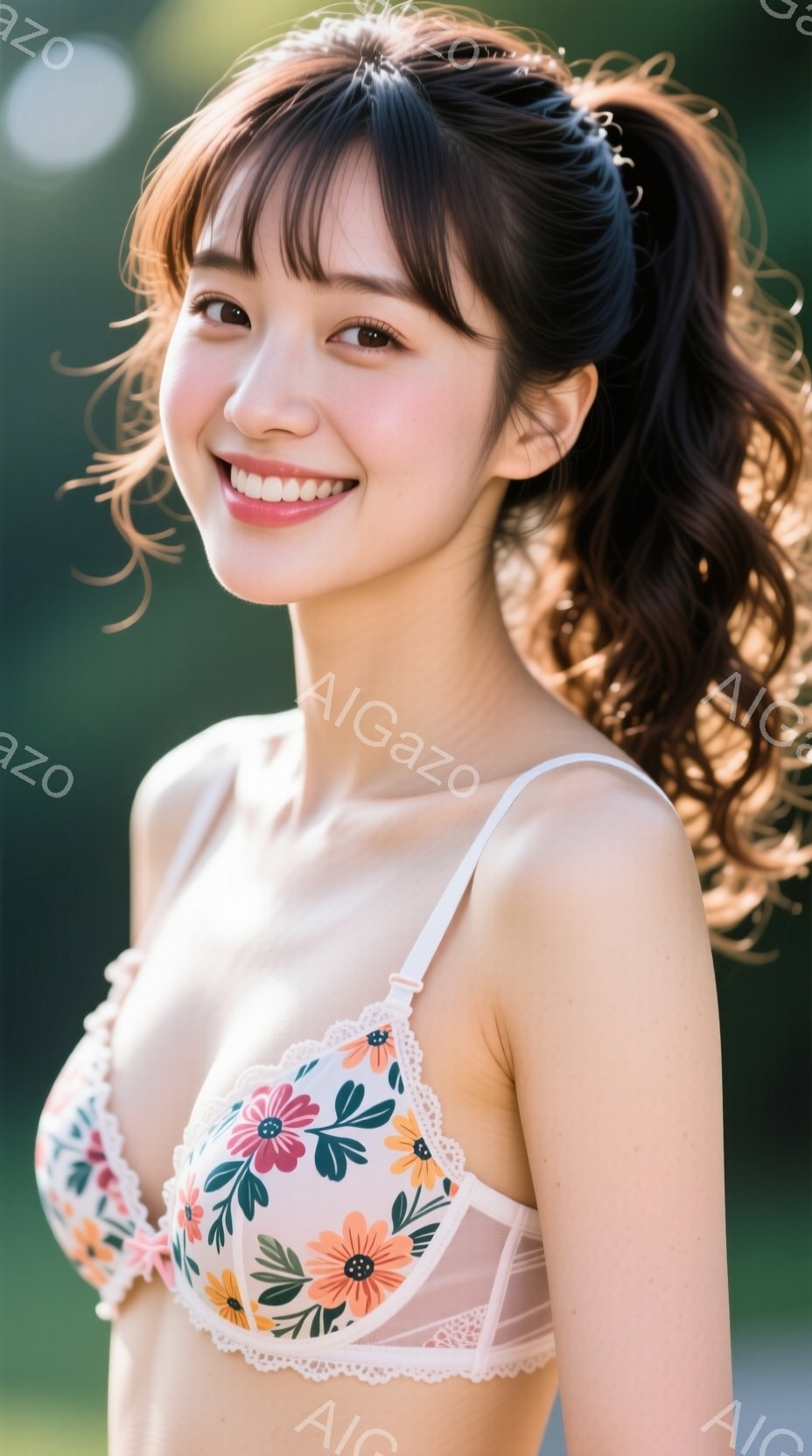 明るい屋外で、花柄のブラレットを着た若い女性が写っています。彼女は笑顔でカメラを見つめ、髪はふんわりとしたカールで肩にかけられています。背景には緑豊かな自然が広がり、全体的に明るく、華やかな雰囲気が漂 - AI生成フリー素材