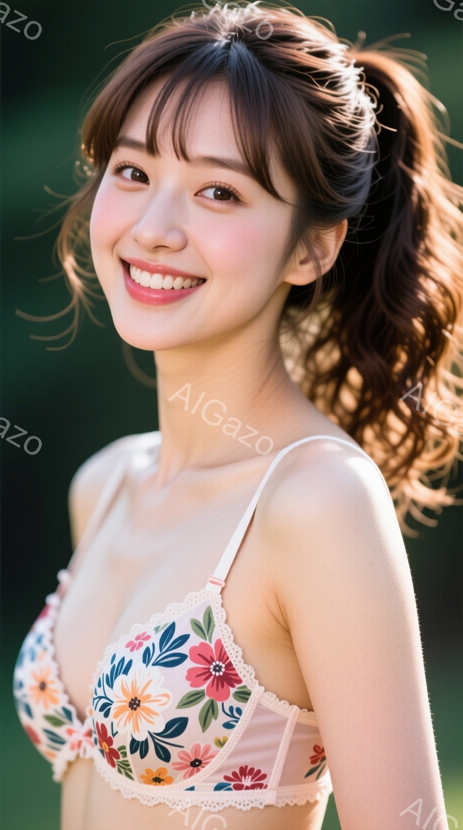 明るい背景の中で、花柄のブラレットを着た若い女性が写っています。彼女は少し微笑んでおり、髪は肩まで伸びて少しカールしています。背景は緑豊かな自然で、全体的に明るく、リラックスした雰囲気が漂っています。 - AI生成フリー素材