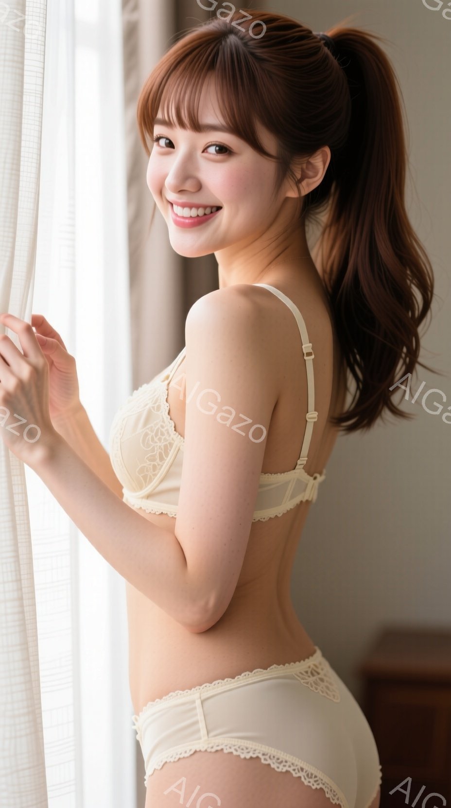 明るい背景の中で、ベージュ色のランジェリー姿の女性が描かれている。彼女は長い茶髪をポニーテールにし、微笑みを浮かべながら少し体をひねってこちらを見ている。背景には白いカーテンと家具が見え、全体的に柔ら - AI生成フリー素材