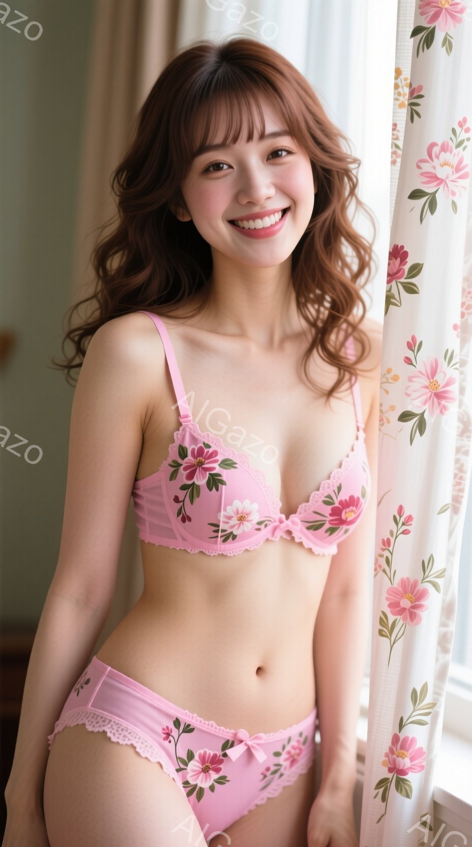 明るいピンク色の花柄のブラとショーツを身につけた女性が写っています。彼女は少し微笑み、リラックスした姿勢でカメラに向かって立っており、髪はふんわりとしたカールがかかっています。背景には窓と花柄のカーテ - AI生成フリー素材