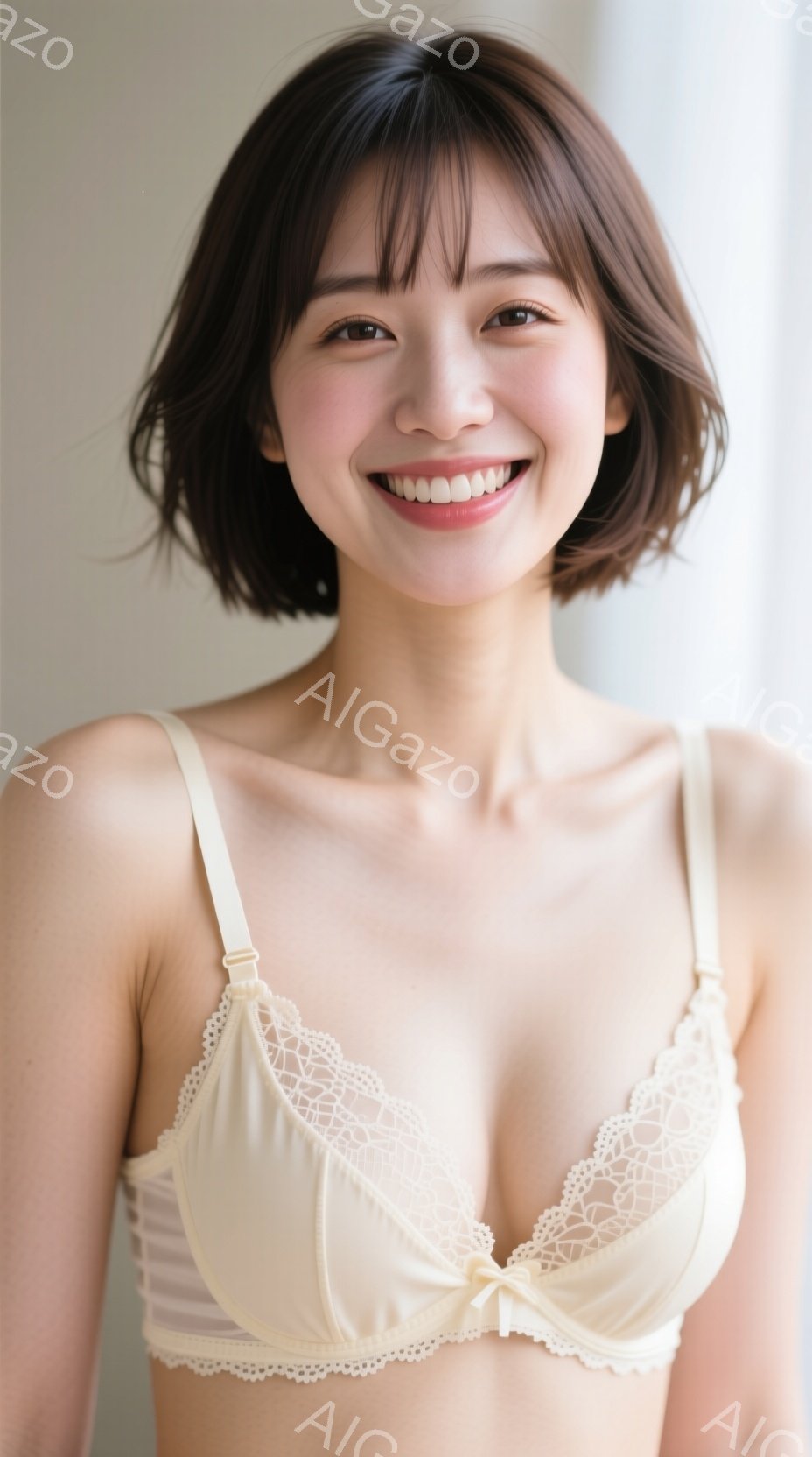 画像は、明るいクリーム色のレースのブラレットを着た若い女性のクローズアップです。彼女は肩までの長さのダークブラウンのヘアスタイルで、穏やかな笑顔を浮かべており、リラックスした雰囲気です。背景はぼやけて - AI生成フリー素材