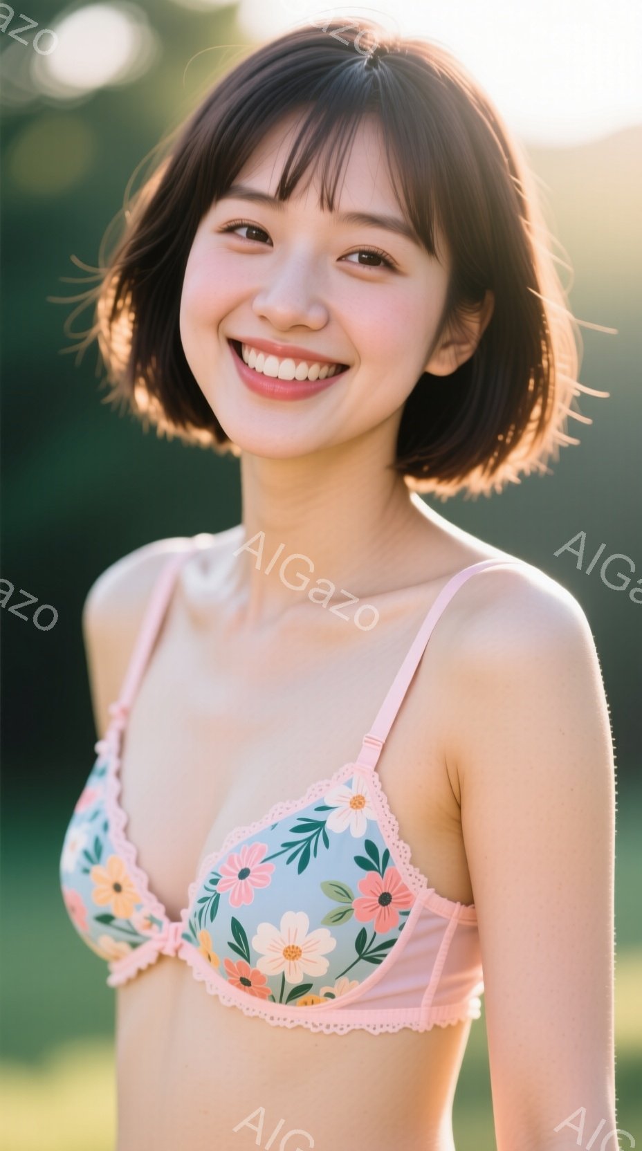 明るい屋外で、花柄のピンク色のブラレットを着た若い女性が写っています。彼女は短い茶色の髪で、微笑んでおり、リラックスした姿勢でカメラに向かって少し体を傾けています。背景は緑豊かな自然で、太陽の光が柔ら - AI生成フリー素材