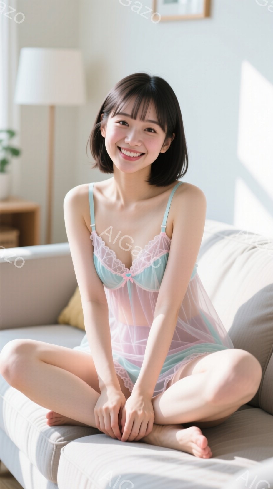 若い女性が明るいリビングルームのソファに座っており、ピンクと水色の繊細なレースのキャミソールを身につけています。彼女は足を組み、微笑んでおり、茶色のボブヘアが肩にかかっています。背景には木製の家具や植 - AI生成フリー素材