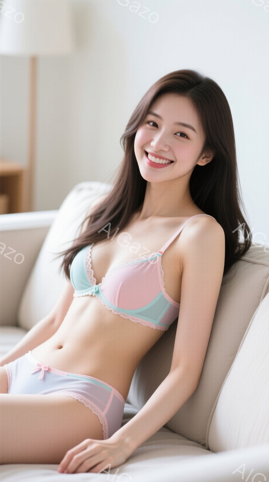 長い黒髪の女性が、淡いピンクと水色のレースがあしらわれた下着姿で、白いソファに横たわっています。彼女は微笑んでおり、リラックスした雰囲気を醸し出しています。背景は明るい部屋の一部で、穏やかで快適な空間 - AI生成フリー素材