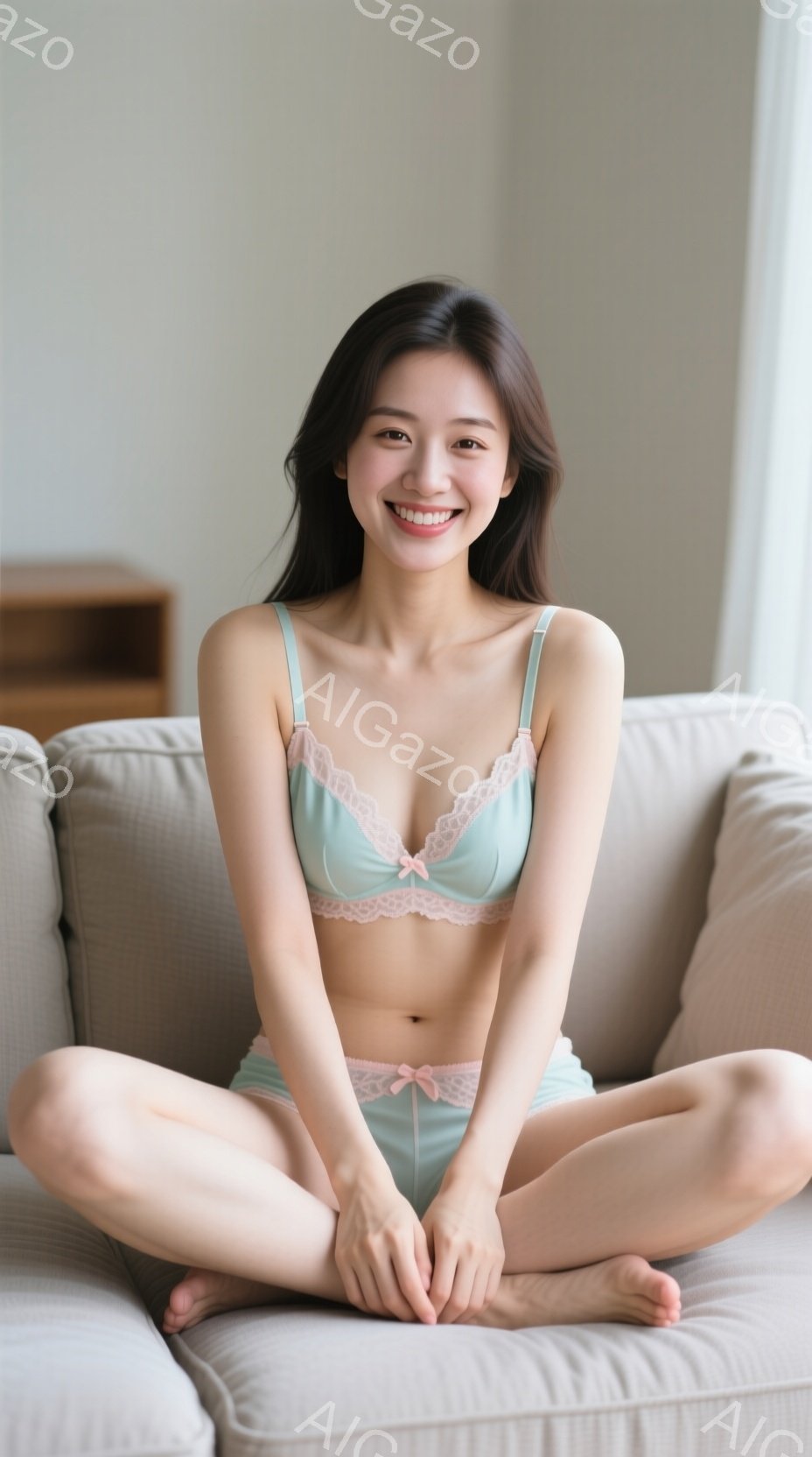 浅い緑色のレースのブラとショーツを身に着けた若い女性が、ベージュ色のソファに座って足を組んでいます。彼女は微笑んでおり、つややかな黒髪が肩にかかっています。背景はシンプルな室内で、家具の一部が見えます - AI生成フリー素材