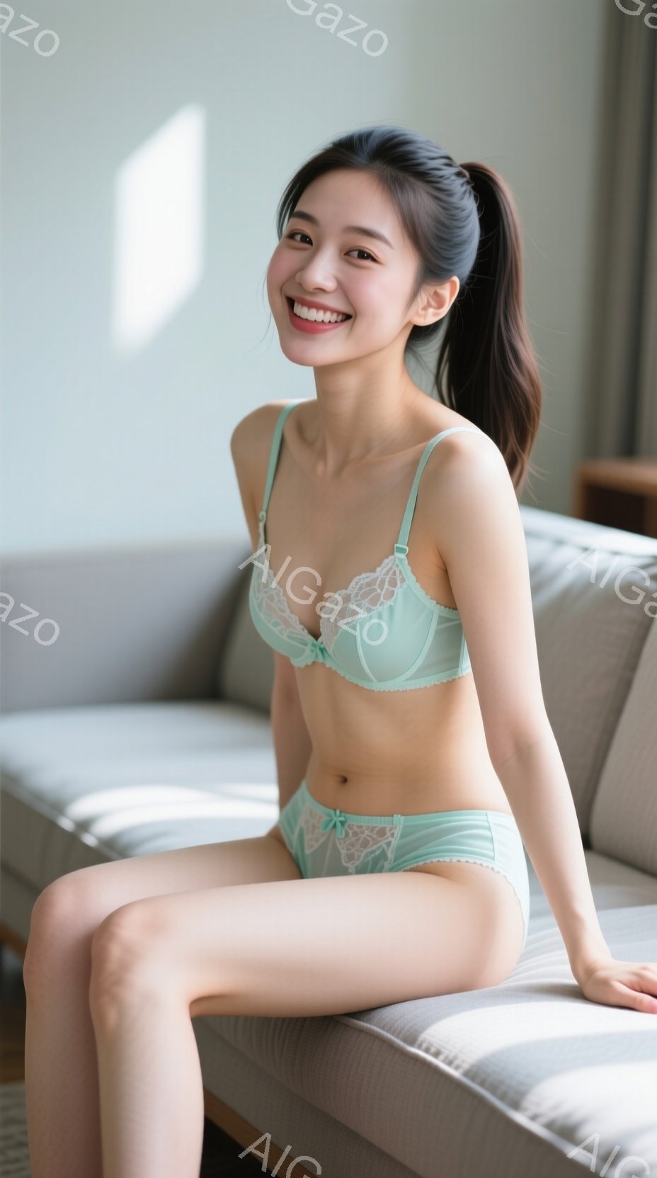 明るい室内で、ターコイズブルーのランジェリーセットを身につけた若い女性がソファに座っています。彼女は黒髪をポニーテールにし、満面の笑顔でカメラを見つめており、リラックスした雰囲気を醸し出しています。背 - AI生成フリー素材