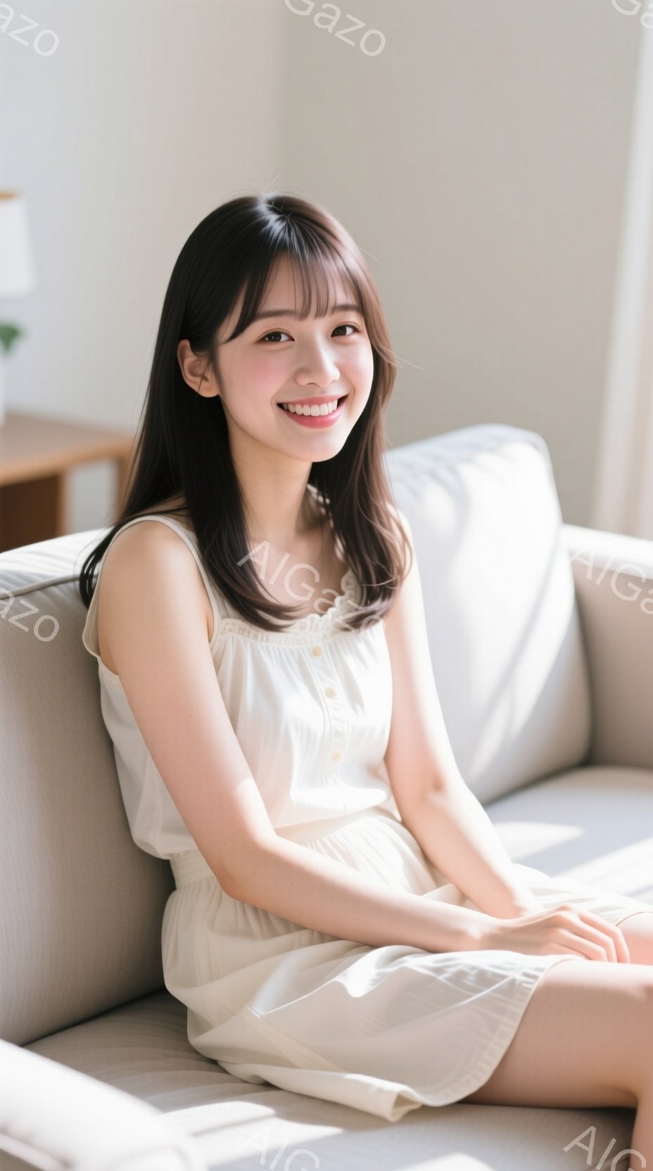 白いキャミソールワンピースを着た若い女性が、明るいベージュ色のソファに座っています。彼女は穏やかな笑顔を浮かべ、黒髪を肩にかかるようにしています。背景には木製の家具が見え、全体的に柔らかく温かい雰囲気 - AI生成フリー素材