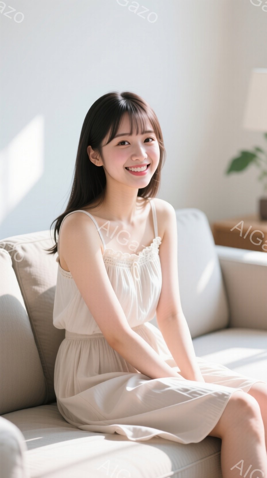 長い黒髪で、前髪は眉毛にかかるようにカットされた若い女性が、明るいベージュ色のソファに座っています。彼女はクリーム色のストラップレスのドレスを着ており、微笑んでカメラを見ています。背景はぼやけています - AI生成フリー素材