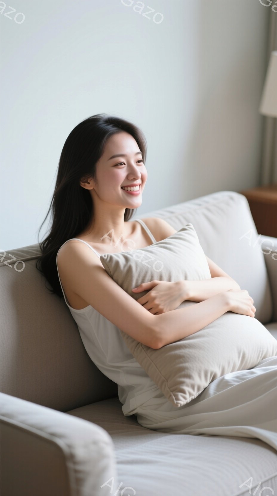 長い黒髪をなびかせ、クリーム色のキャミソールとパンツを身に着けた女性が、明るいベージュのソファに寄りかかっています。彼女はリラックスした表情で微笑み、両腕でクッションを抱きかかえています。背景は穏やか - AI生成フリー素材