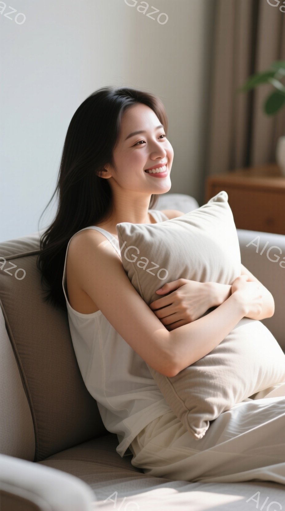 浅いベージュ色のキャミソールを着た若い女性が、柔らかいベージュ色のクッションを抱きしめてソファーに座っています。彼女は微笑んでおり、長い黒髪が肩にかかっています。背景には木製の家具が見え、全体的に穏や - AI生成フリー素材