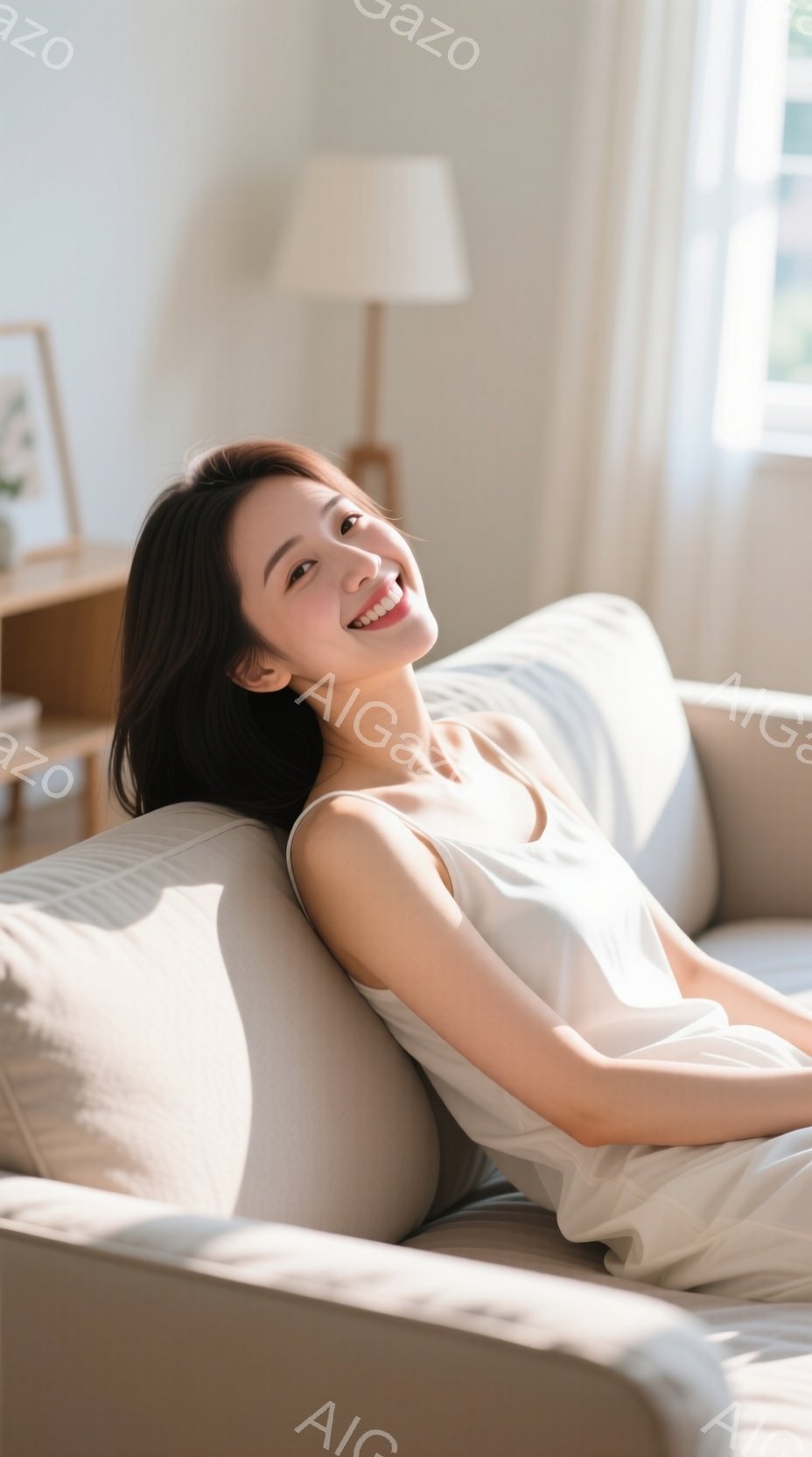 彼女は明るい色のソファに横たわり、白いキャミソールを着ています。長く艶やかな黒髪は肩にかかり、顔には穏やかで魅力的な笑顔が浮かんでいます。背景には木製の棚と自然光が差し込む窓が見え、全体的にリラックス - AI生成フリー素材