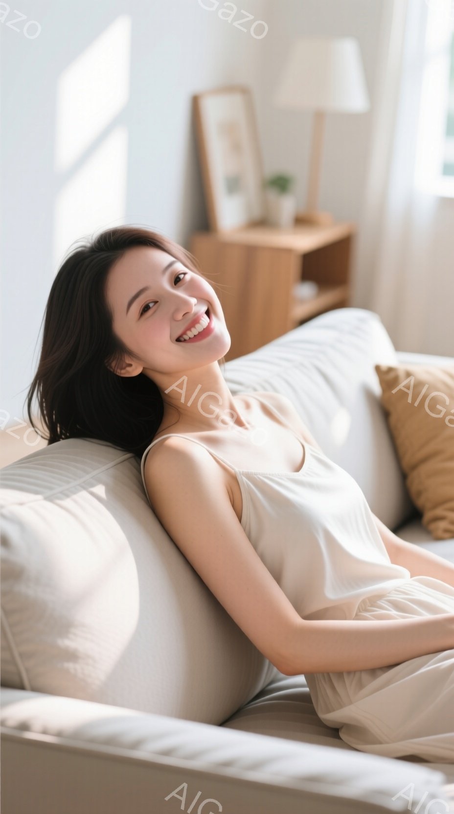 長い黒髪の女性が、クリーム色のキャミソールとショートパンツ姿で白いソファに横たわっています。彼女は満面の笑みを浮かべ、リラックスした表情でカメラを見ています。背景には木製のナイトスタンドと植物が見え、 - AI生成フリー素材