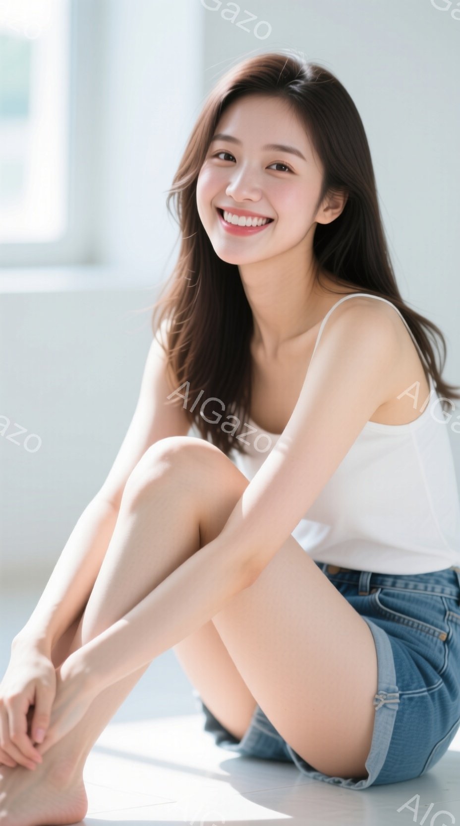 若い女性が床に座り、膝を抱えています。白いタンクトップと、裾がロールアップされたデニムのショートパンツを着用しており、素足です。彼女は明るい笑顔を浮かべ、リラックスした雰囲気が漂っています。 - AI生成フリー素材