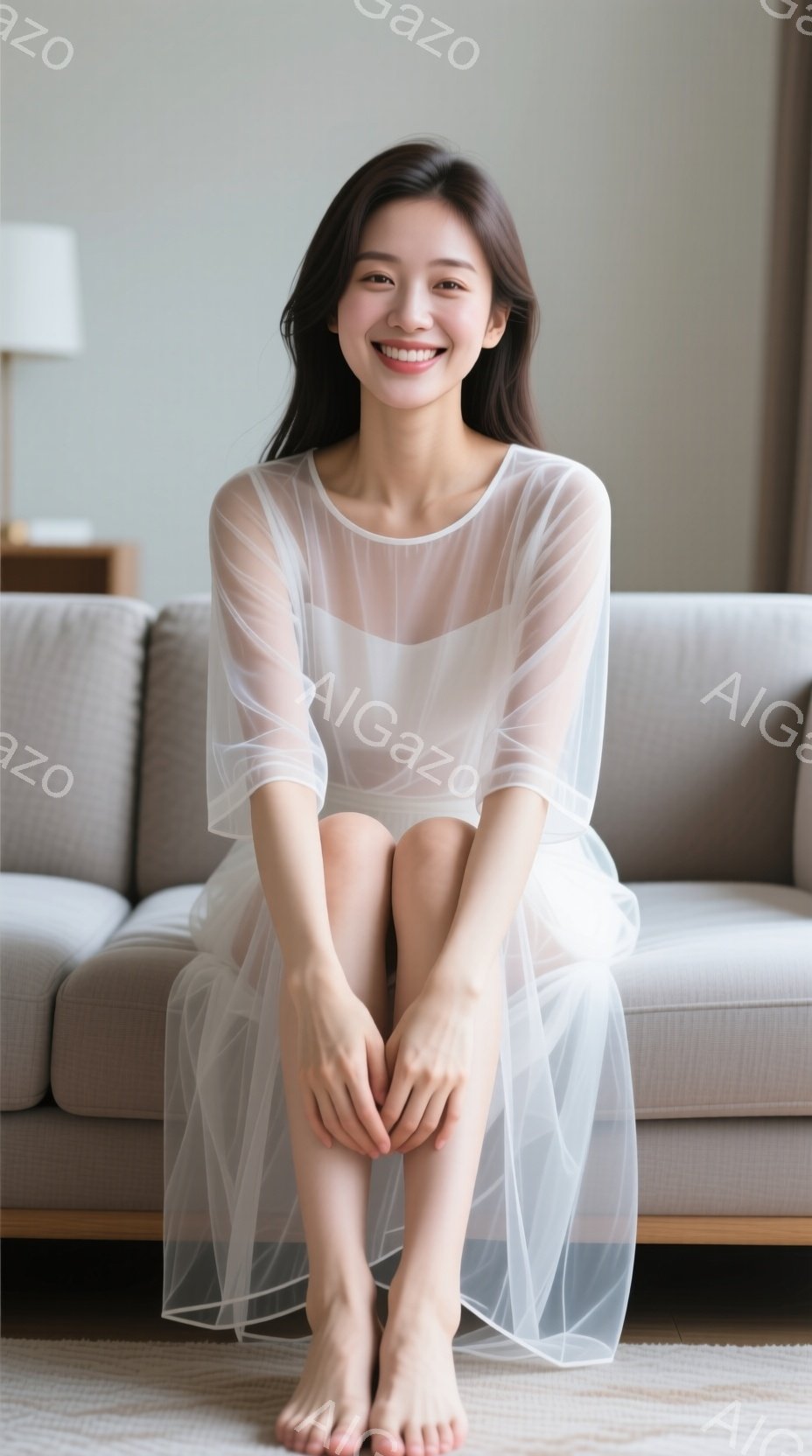 モデルは明るいリビングルームのソファに座っており、白く透け感のあるロングドレスを着ています。彼女は微笑んでおり、長くストレートな黒髪が肩にかかっています。背景はシンプルで、暖色系のソファと壁が印象的で - AI生成フリー素材