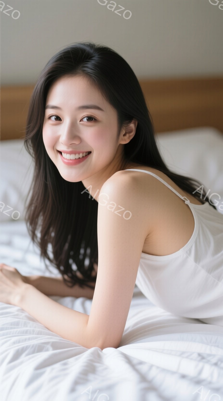 長い黒髪を肩にかけた女性が、白いタンクトップを着てベッドに横たわっています。彼女は微笑んでカメラを見つめており、リラックスした穏やかな表情をしています。背景は白く、シンプルで、女性が中心に配置され、柔 - AI生成フリー素材