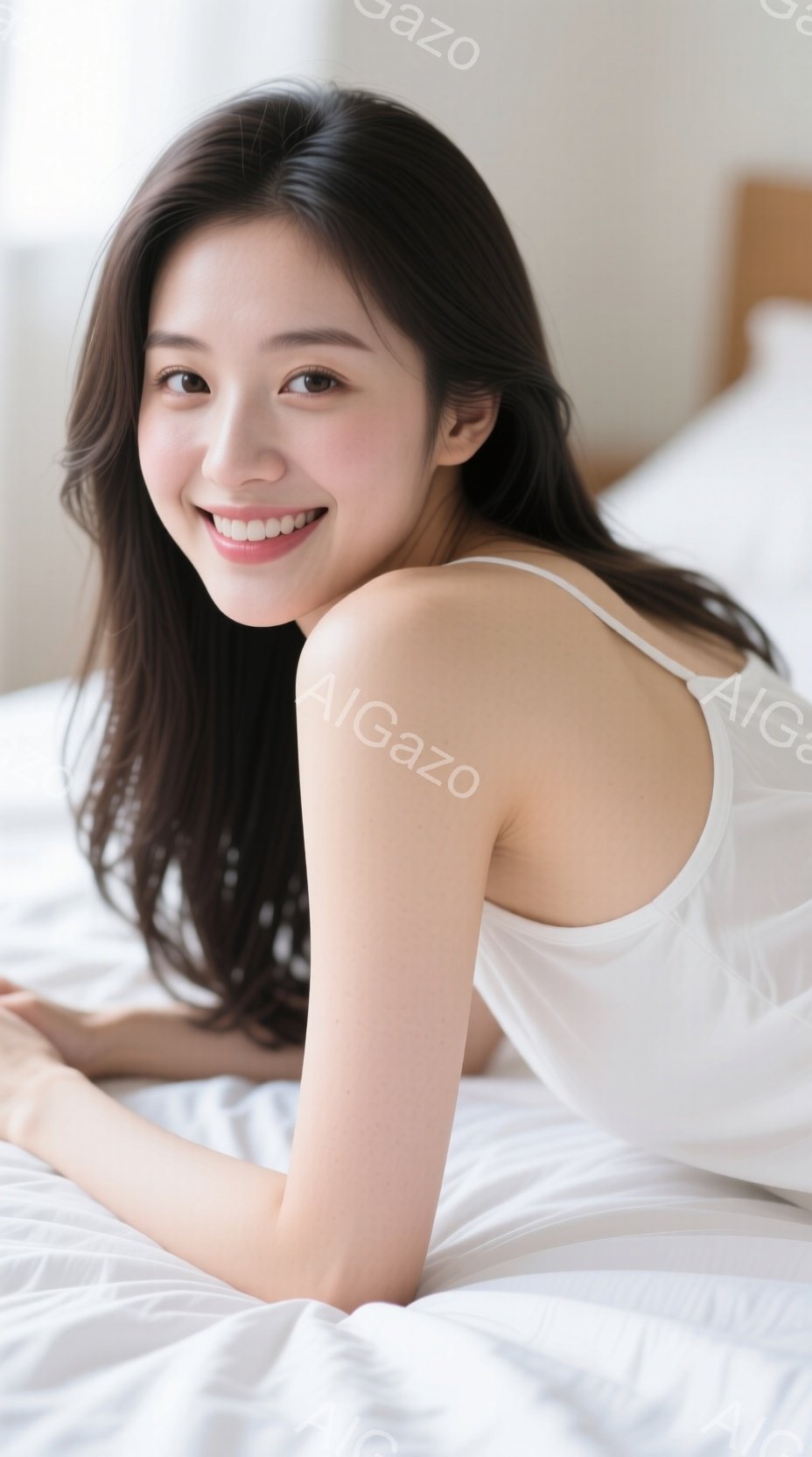 長い黒髪を靡かせ、白いキャミソールを着た女性が、白いベッドに横たわってカメラ目線で微笑んでいます。彼女はリラックスした姿勢で、柔らかな光が彼女の表情を明るく照らしています。背景は白く、全体的に穏やかで - AI生成フリー素材