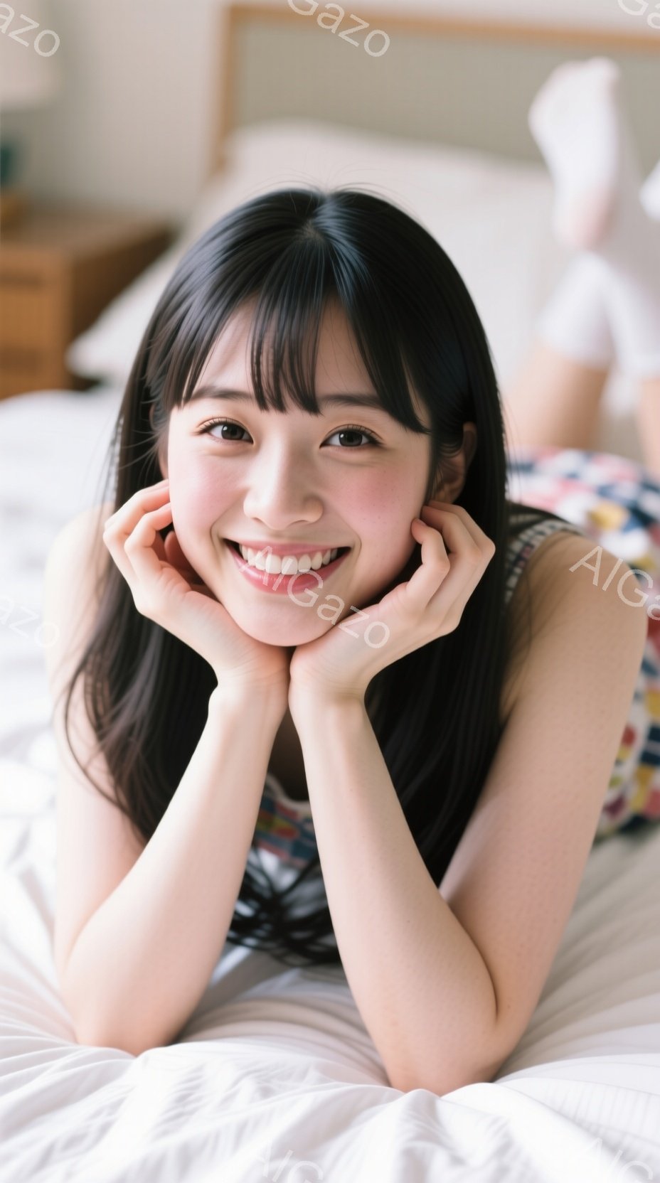 長い黒髪で前髪はぱっつんカットの女性が、白いベッドの上で両頬に手を当てて笑顔でこちらを見ている。明るい色のトップスを着ており、背景にはぼやけた家具が見える。全体的に明るく、リラックスした雰囲気の写真で - AI生成フリー素材