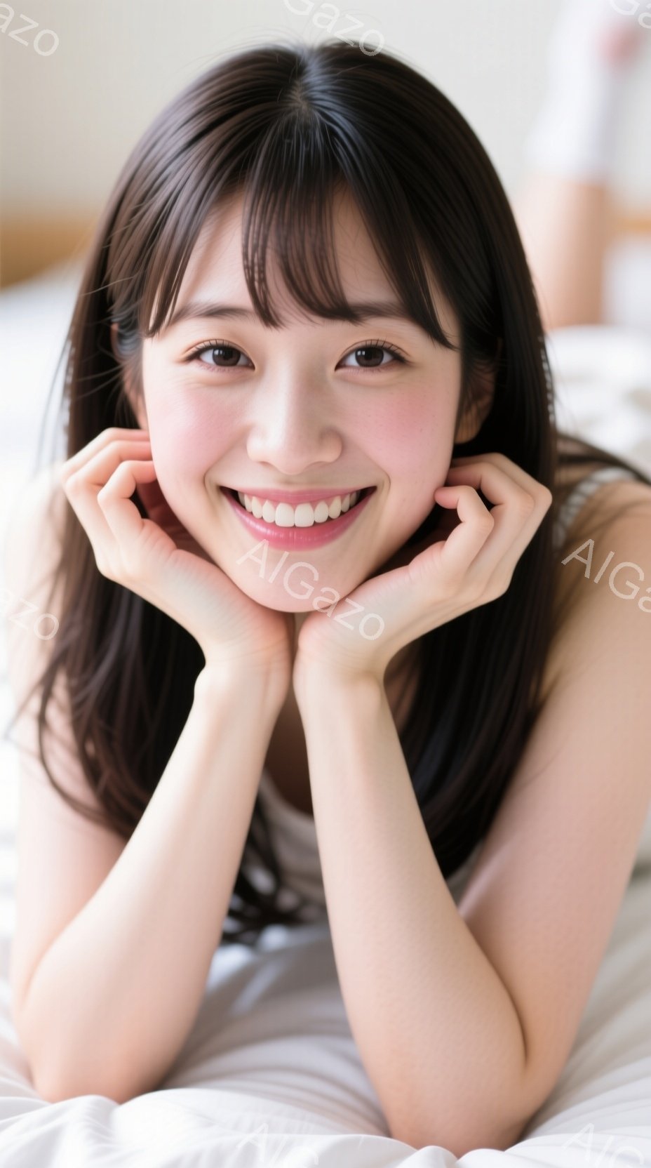 長い黒髪で、前髪は眉毛にかかるように流されています。彼女は白いベッドの上でうつ伏せになり、両手で頬を支え、笑顔を見せています。背景はぼやけていますが、白いシーツが広がり、全体的に柔らかく温かい雰囲気です。