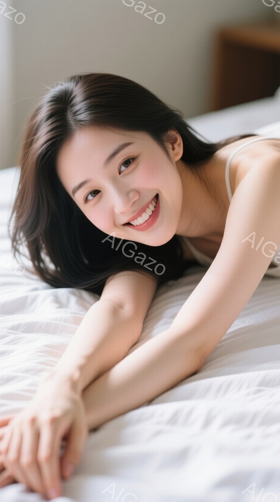 長いダークブラウンの髪を横に流し、白いタンクトップを着た女性が、白いシーツの上にうつ伏せになって微笑んでいます。彼女は片手を上げてカメラを見つめており、明るくリラックスした表情をしています。背景はぼやけていますが、シンプルな寝室の一部が見え、全体的に暖かく穏やかな雰囲気です。