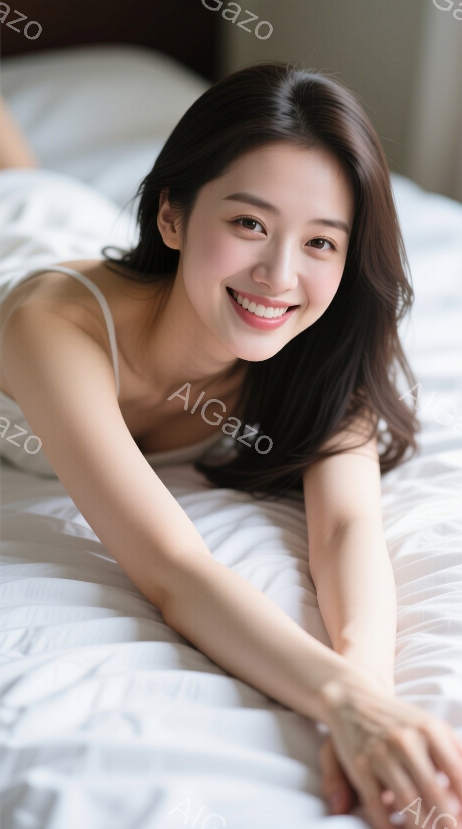 長い黒髪を靡かせ、白いリネン素材のベッドで横たわる女性が写っています。彼女は微笑んでおり、リラックスした表情をしています。背景はぼやけており、おそらくベッドルームの様子で、全体的に穏やかで親密な雰囲気 - AI生成フリー素材