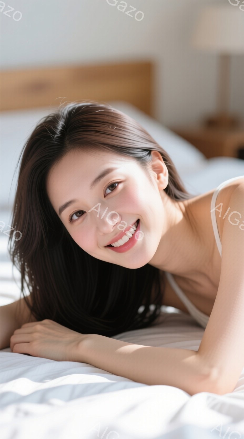 黒髪の女性が白いベッドの上に横たわっており、リラックスした表情でカメラを見つめて微笑んでいます。彼女はオフショルダーの白いトップスを着ており、髪は肩にかかる長さで自然なカールがかかっています。背景は明 - AI生成フリー素材